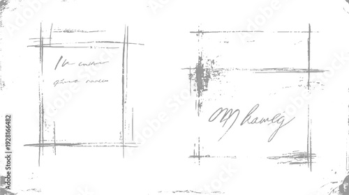 Two grey textured frames with handwritten script and scribbled lines on white background border