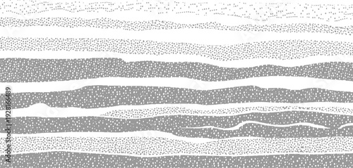Abstract horizontal bands of grey dots and solid grey shapes on white background pattern texture