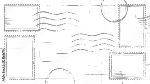 Vintage postage stamp frames and wavy lines in grey on white background border