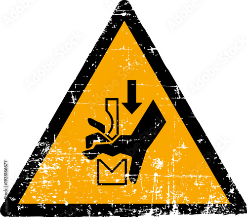 Grunge press brake crushing warning sign worn scratched ISO 7010 W030 symbol