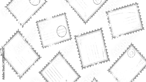 Scattered grey postage stamps with perforated edges and faint postmarks on a white background mail postal