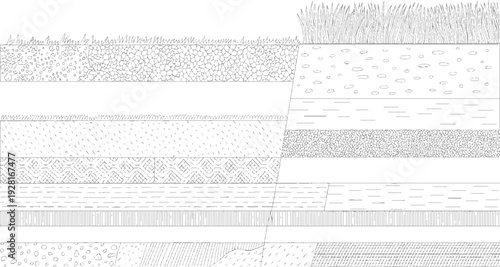 Cross section of soil layers with varied textures and grass on