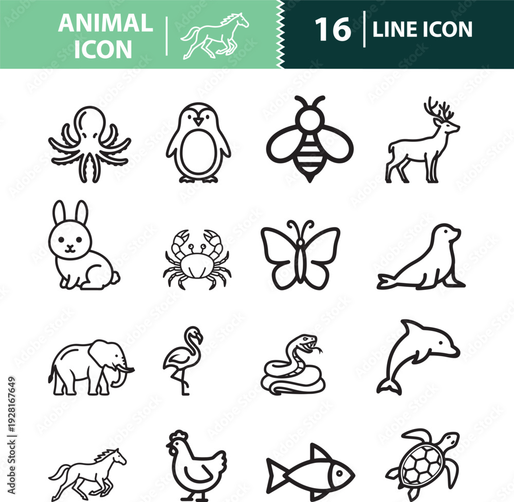 Fototapeta animal, icons, collection, bundle, pack, set, wildlife, pets, zoo, safari, jungle, farm, forest, marine,