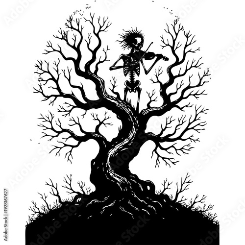 A mystical tree with a hidden face in its trunk under a starry night sky