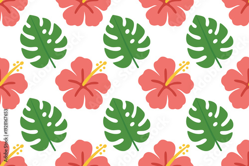 A seamless tropical pattern of pink hibiscus blooms and green monstera leaves on white, radiating a vibrant, summery vibe perfect for decor or fashion.