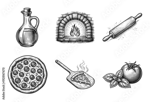 Vintage pizza making set featuring hand drawn engraving style illustrations of wood fired oven ingredients and kitchen tools