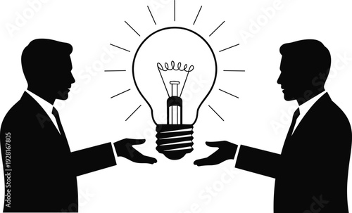 Business collaboration concept with lightbulb idea between two professionals silhouette illustration isolated