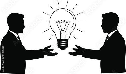 Business idea exchange concept with lightbulb between two professionals silhouette illustration isolated