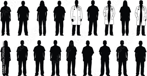 Doctor and medical staff silhouette collection featuring healthcare professionals in lab coats and scrubs isolated on white background for hospital and clinic concepts
