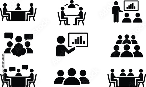 Business meeting and presentation icons set teamwork communication conference and corporate discussion concept
