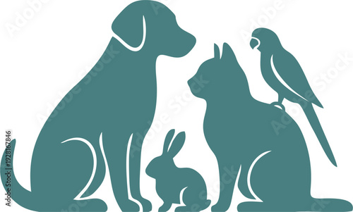 Stylized illustration of a dog, cat, rabbit and bird in green