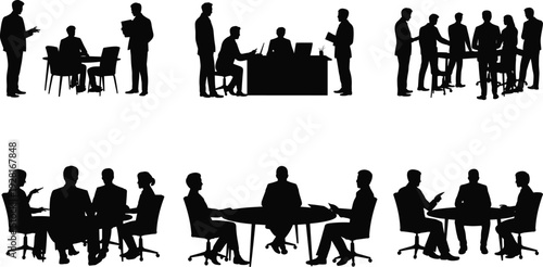 Business meeting silhouettes at conference table discussing strategy partnership and corporate teamwork collaboration