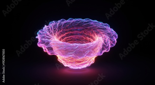 Glowing ethereal energy vortex shape illuminates dark background with vibrant colors