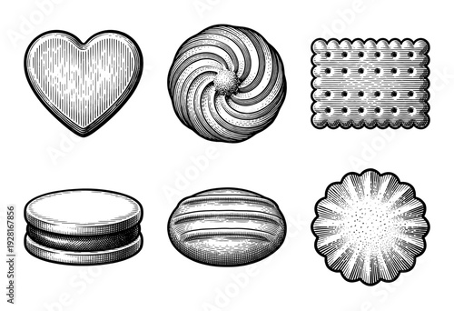 Vintage style engraving collection of various cookies and biscuits featuring heart, square, swirl, and sandwich shapes in a black and white woodcut aesthetic.