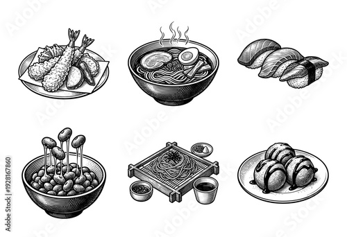Vintage woodcut illustration of traditional Japanese cuisine set featuring ramen sushi tempura and savory snacks