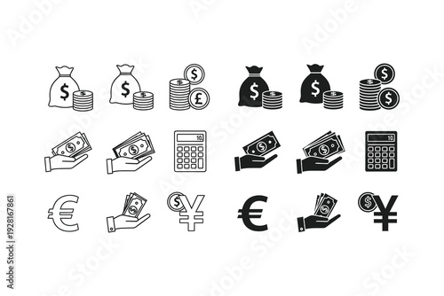 Collection of icons representing various financial and currency symbols