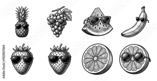 Set of hand drawn monochrome fruit characters wearing sunglasses in a vintage woodcut engraving style including pineapple grapes watermelon banana strawberry and orange.