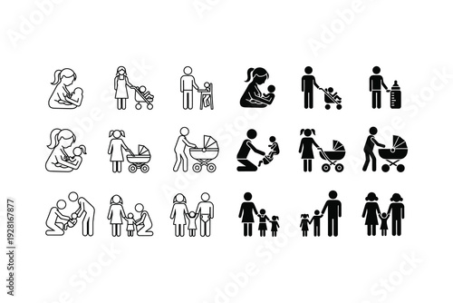 Diverse icons depicting various family and social activity scenarios in black and white