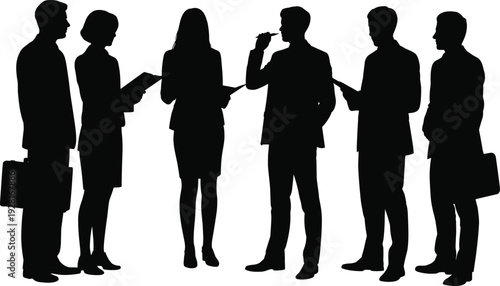 Business people silhouette discussing ideas, corporate teamwork meeting concept isolated white background