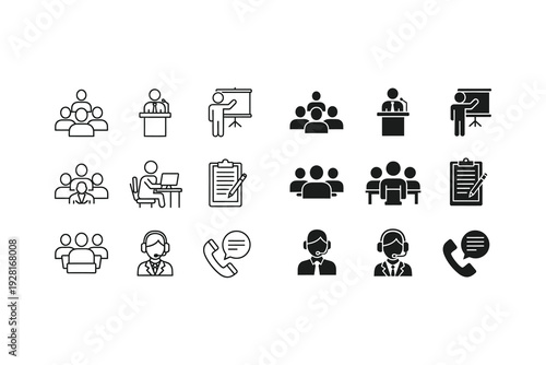 Illustrations of various conference and communication meeting icons