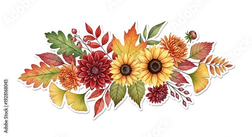 Autumnal Floral Arrangement with Sunflowers and Dahlias Watercolor Illustration.