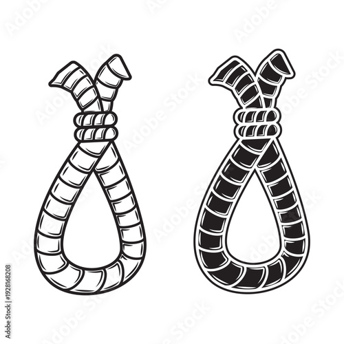 Vector illustration of two rope nooses with a gallows knot, presented in outline and filled black styles