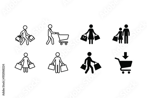 Illustrations depicting various shopping and carrying activities with icons