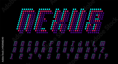 LED Dot Matrix Alphabet Vector Set, Neon Digital Display Letters and Numbers