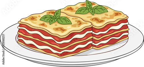 Cartoon Lasagna Vector Illustration – Italian Pasta Dish with Tomato Sauce and Basil on White Plate, Flat Clipart Style