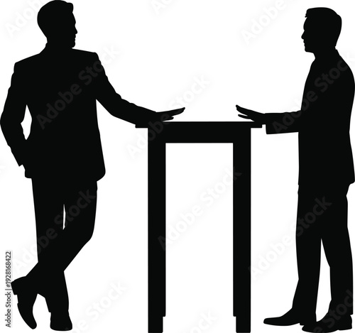 Two businessmen silhouettes standing table business discussion corporate negotiation conversation concept illustration