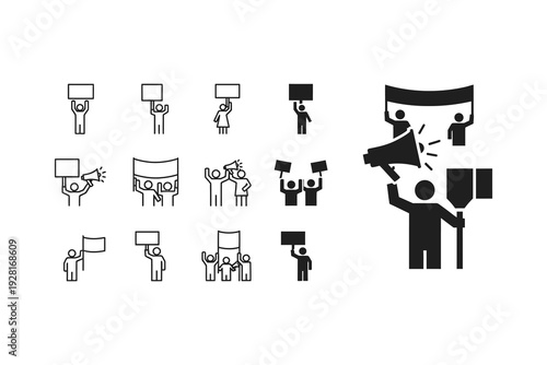 Various icons depicting people holding different items and engaging in public speaking
