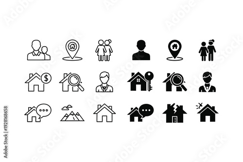 Collection of icons depicting various social and housing-related activities and concepts
