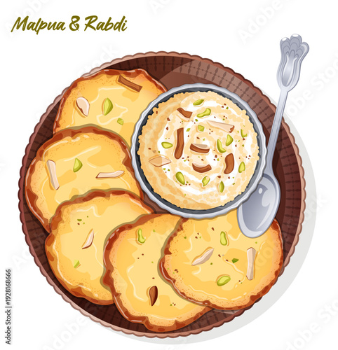 Traditional Indian Malpua pancakes served with creamy Rabdi in a copper thali, garnished with almonds and pistachio, top view illustration.