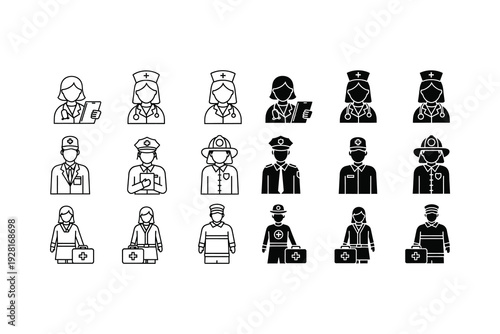 Diverse collection of stylized icons representing various professions and activities