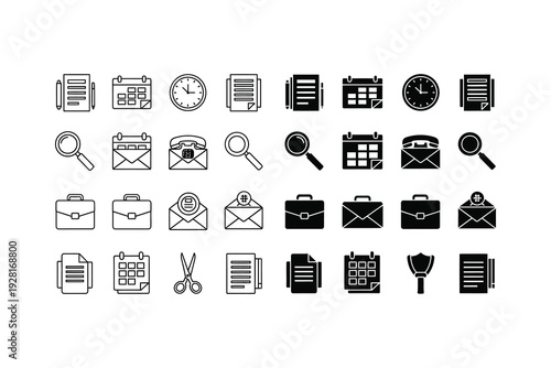 Collection of diverse icons representing office, communication, and productivity tools