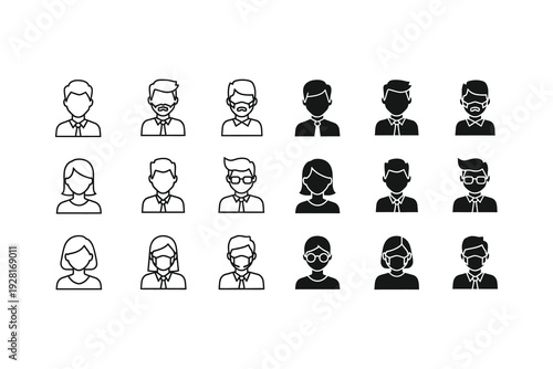 Diverse line drawing portraits of people with different hairstyles and attire