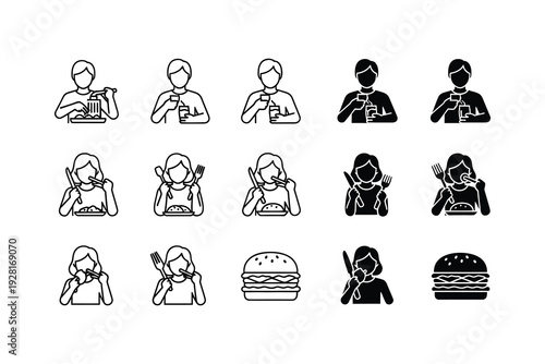 Diverse icons representing various professions and food items in a minimalist style