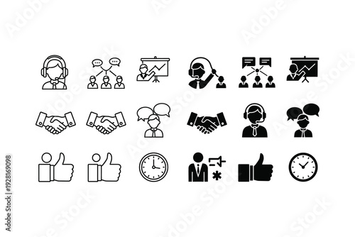 Set of icons representing various business and team collaboration activities