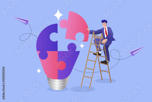 Creative idea concept with a man completing a light bulb puzzle. Modern flat vector for business innovation strategy, professional problem solving, and intellectual property development.