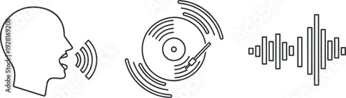 Voice Recognition and Sound Wave Icons with Human Speech Audio Signal and Music Record Vector Set