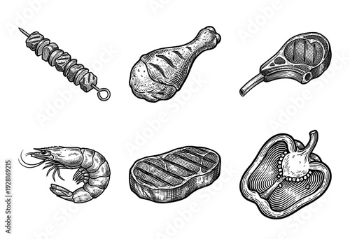 Vintage hand drawn engraving style barbecue and grill food set featuring meat cuts, poultry, seafood, and vegetables