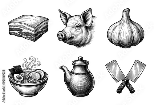 Vintage hand drawn engraving of ramen ingredients including pork belly garlic and pig head with kitchen cleavers and broth pot