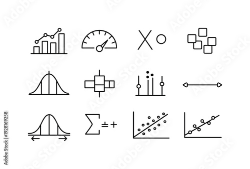 Line style vector icons of statistical analysis icons: statistic, metric, variable, sample; mean, median, mode, range; variance,