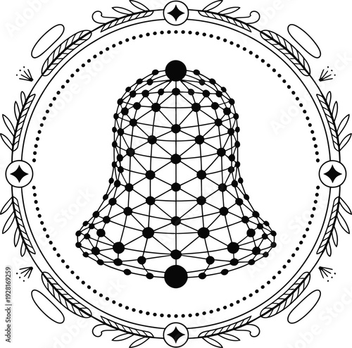 Bell shaped mesh network logo with connected dots in laurel wreath on transparent background
