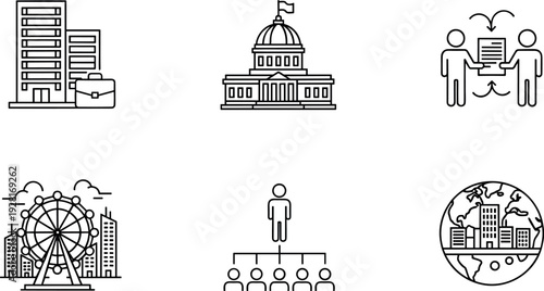 Urban Development and Government Line Icon Set with Office Building, Capitol Landmark, Business Meeting, Cityscape and Global Economy Symbols