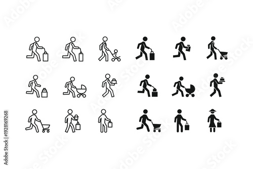 Collection of icons depicting various human activities with dogs and luggage