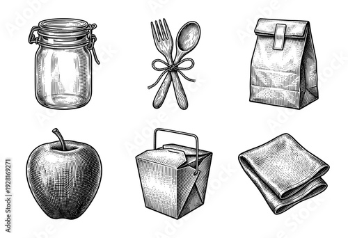 Vintage engraving style collection of lunch and takeout essentials featuring reusable jars, cutlery, paper bags, apple, food containers, and cloth napkins.