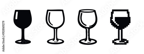 Wine Glass Icon Set in Solid, Outline, Sketchy, and Pixel Art Style Variations.