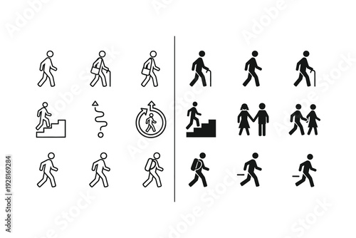 Collection of icons depicting various walking and mobility-related activities
