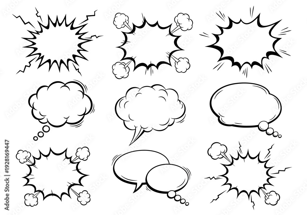 Obraz premium Dynamic Black and White Comic-Style Speech Bubbles, Thought Clouds, and Explosive Burst Graphic Elements for Communication and Expression